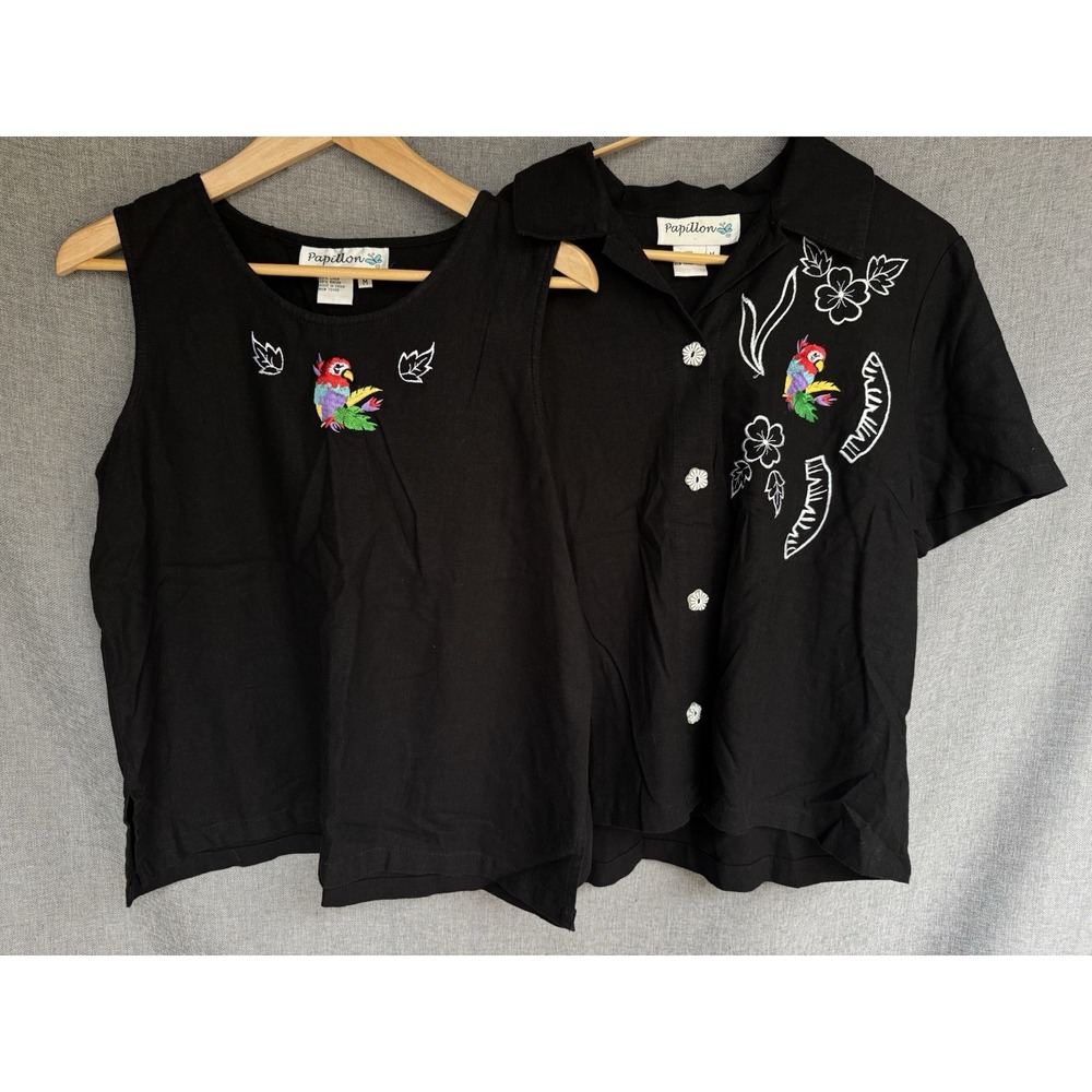 Linen Blend Tops Size M Black Embroidered Tropical Parrots Beach Tank Button VTG